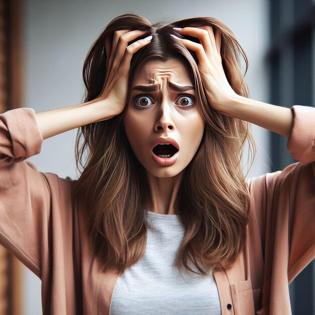 photo girl in huge trouble panic shocked upset brunette woman pull hair from head grimacing