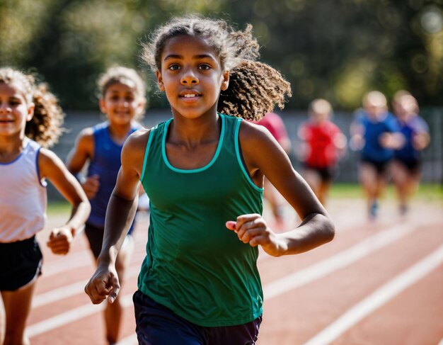 Photo photo of girl kids running race sport at school generative ai