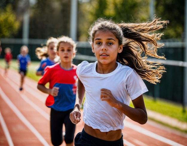 Photo photo of girl kids running race sport at school generative ai