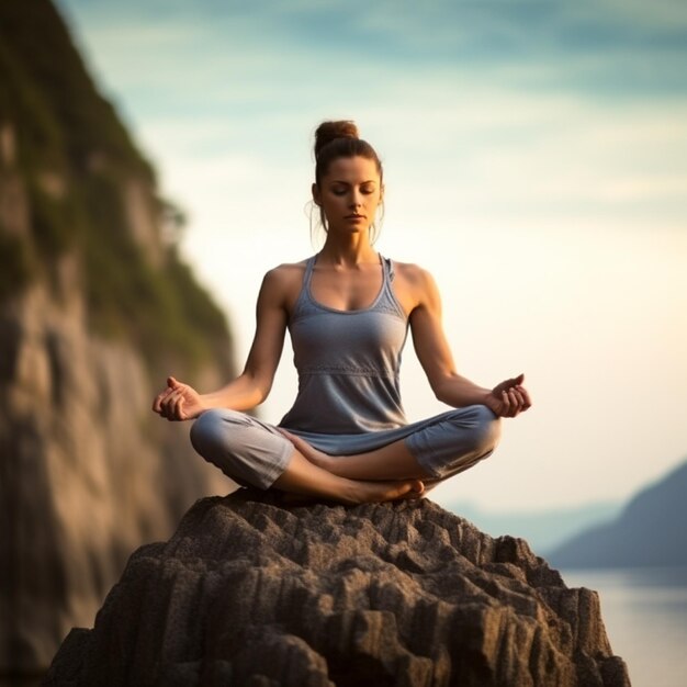 Photo girl practicing yoga on a rock