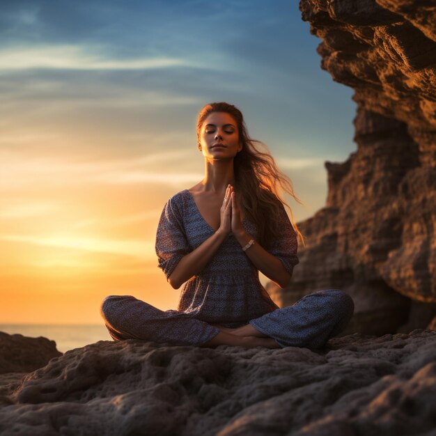 Photo photo girl practicing yoga on a rock