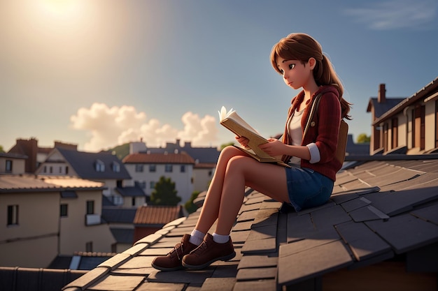 Photo a girl sitting on a roof reading a book