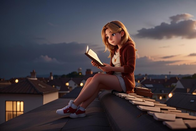 Photo a girl sitting on a roof reading a book