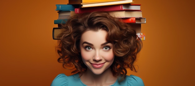 Photo of a girl student littered with books who likes to read and study copy space plain background