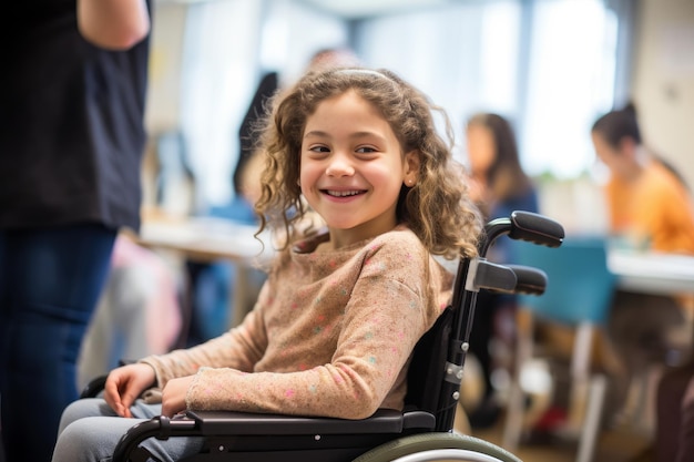 Photo photo of a girl in a wheelchair receiving recognition and an award at a school ceremony generative