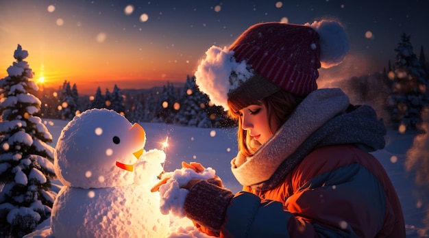 Photo of a girl in winter season playing with snow