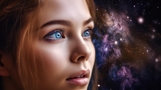 Photo photo a girl with blue eyes looking up at the stars