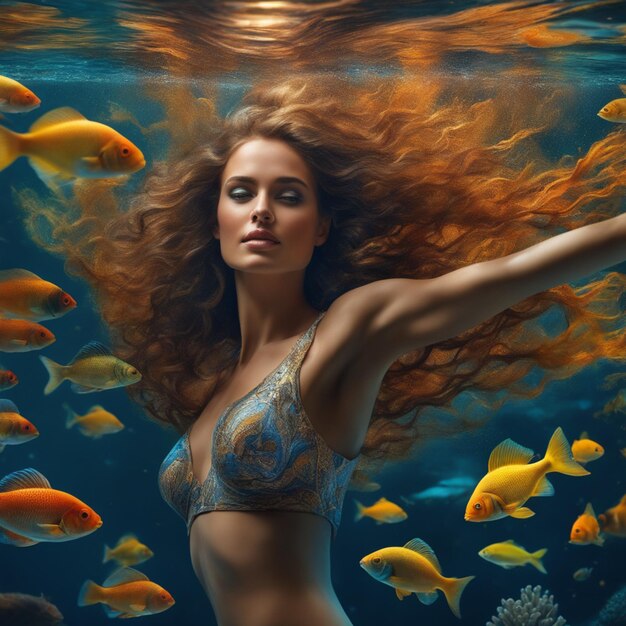 A photo of girl with fish in ocean underwater view