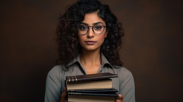 Photo girl with glasses holds a set of notebooks