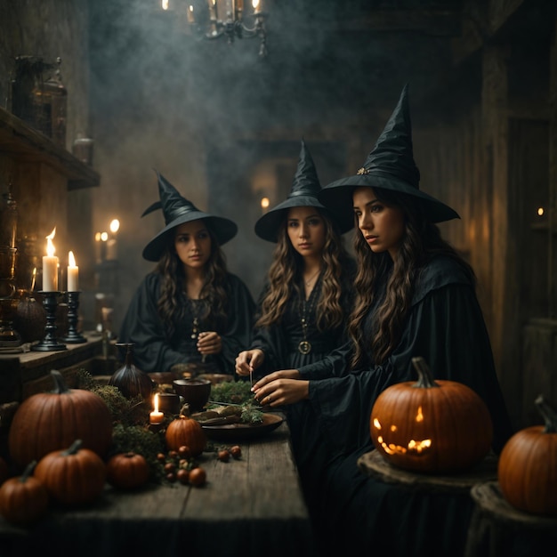 Фотография девушек, наслаждающихся вечеринкой в честь Хэллоуина ночью
