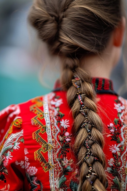 a photo of a girls hair braided with Martisors woven in