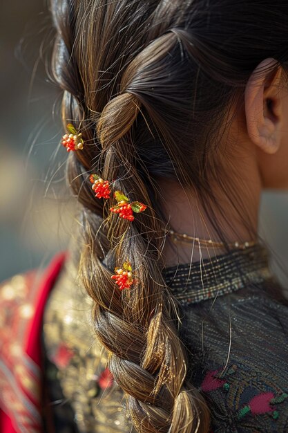 a photo of a girls hair braided with Martisors woven in