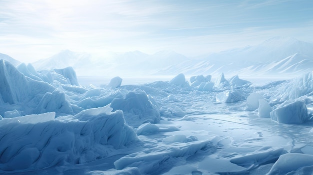 A photo of glacial crevasses in a frosty expanse soft diffused light