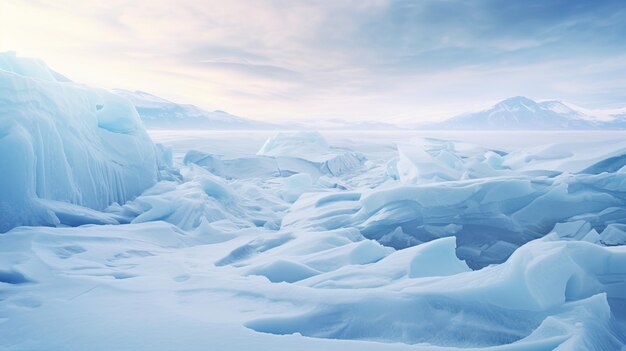 A photo of glacial crevasses in a wintry landscape soft morning light