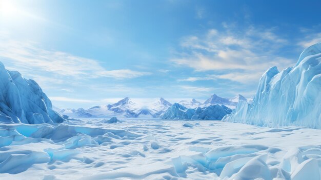 A photo of a glacial landscape with a vast ice field jagged crevasses