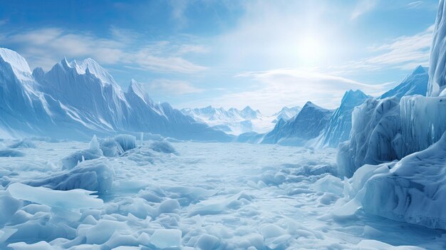 A photo of a glacier with icy crevasses snowcovered peaks in the background