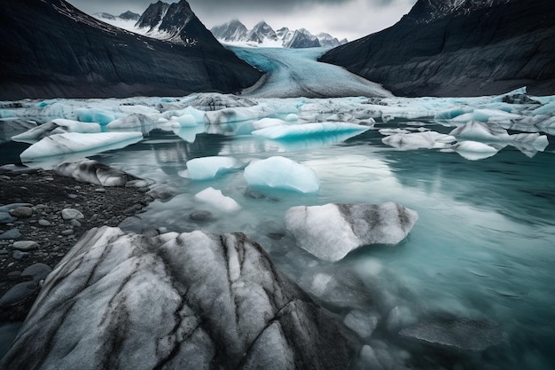 A photo of a glacier with mountains in the background