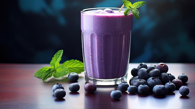 A photo of a glass of blueberry smoothie natural daylight
