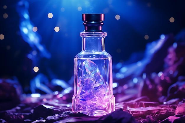 Photo of glass bottle cosmetic surrounded by floating crystals suspen cosmetic packaging concept