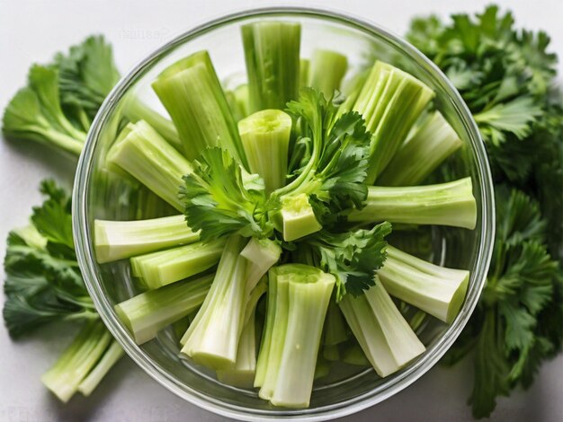 Photo photo glass bowl of fresh cut celery isolated on white top view