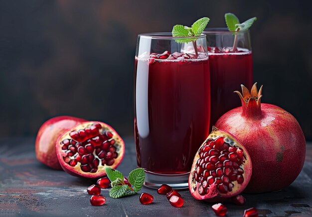 Photo photo of a glass of fresh red liquid pomegranate fruit juice and a pomegranate slice with seeds