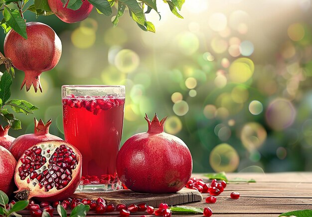 Photo photo of a glass of fresh red liquid pomegranate fruit juice and a pomegranate slice with seeds