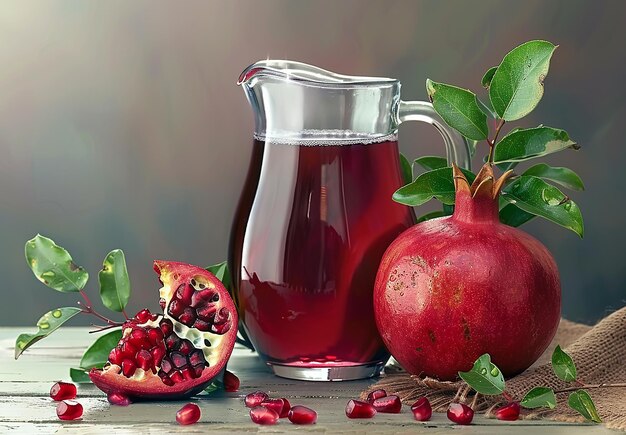 Photo photo of a glass of fresh red liquid pomegranate fruit juice and a pomegranate slice with seeds