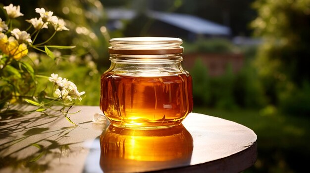 A photo of a glass jar filled with honey against a garden