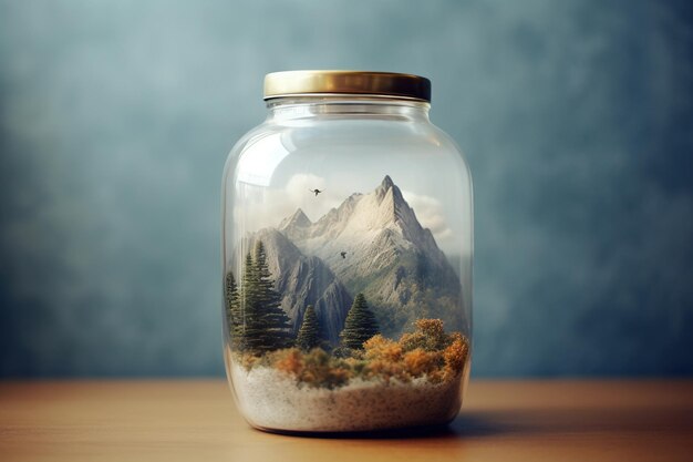 a photo of a glass jar with a little world inside the world is a village in the middle of a forest