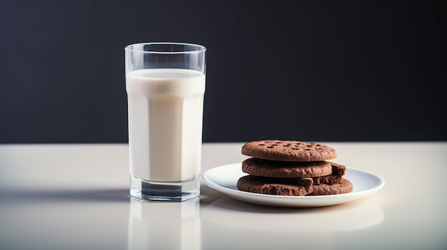 Photo photo of a glass of milk with chocolate biscuits on a minimalist table