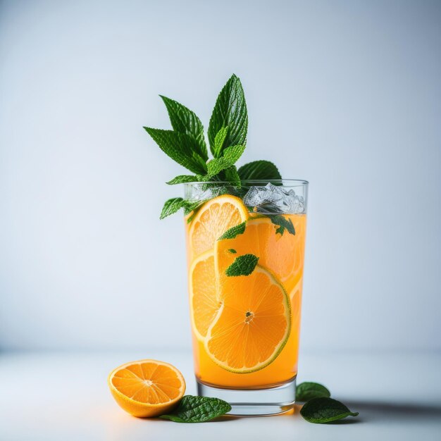 Photo a glass of mojito with orange and mint leaves on a white background