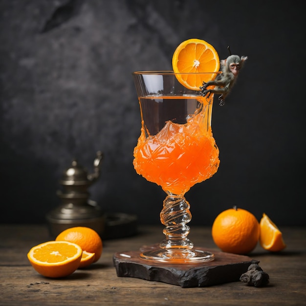 Фото стакан апельсинового коктейля, украшенный дольками апельсина