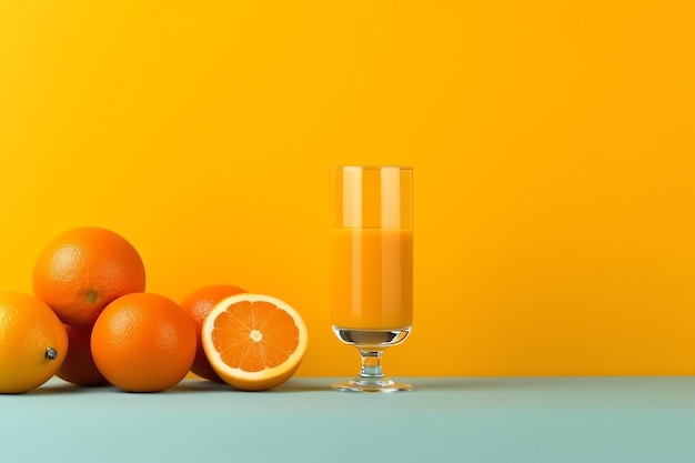 黄色の背景にオレンジの果実が入ったオレンジ ジュースのグラスの写真 ai 生成