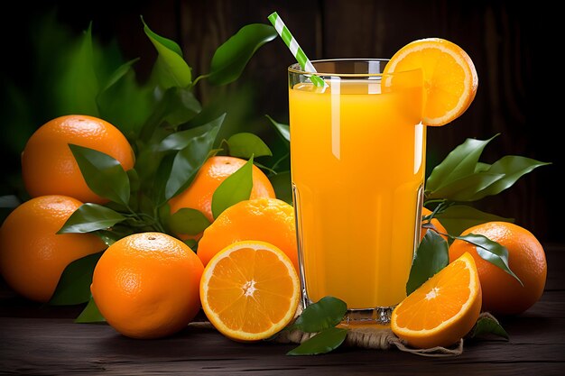 ストローを使ったオレンジジュースのグラスの写真