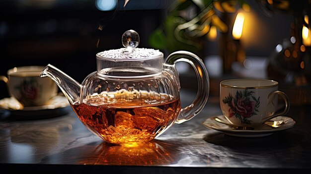 Photo of a glass teapot and tea cup on a table generated by AI