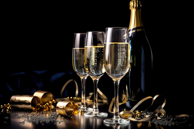 お祝いの雰囲気のテーブルにグラスとシャンパンのボトルの写真