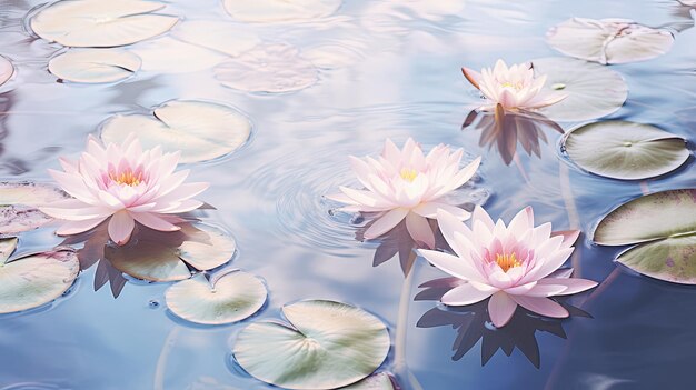 A photo of a glassy pool with water lilies soft overcast lighting