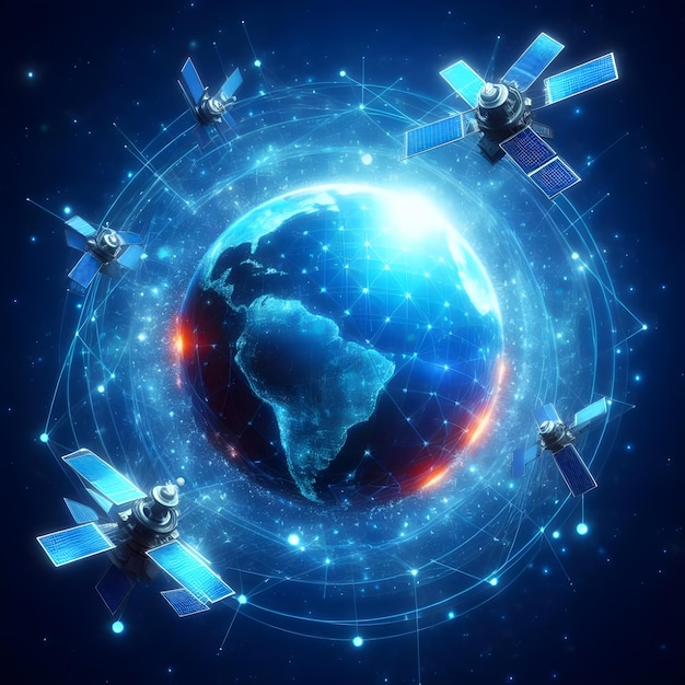 A photo globe surrounded by orbiting satellites symbolizing the global reach of big data technology