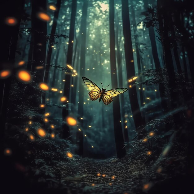 Photo glow butterfly in dark forest ai generated