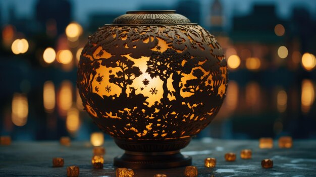 A photo of a glowing Earthshaped lantern with intricate patterns