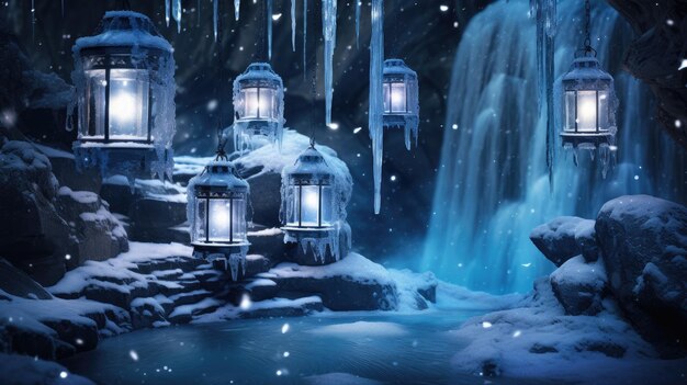 Photo a photo of glowing lanterns in the snow frozen waterfall backdrop