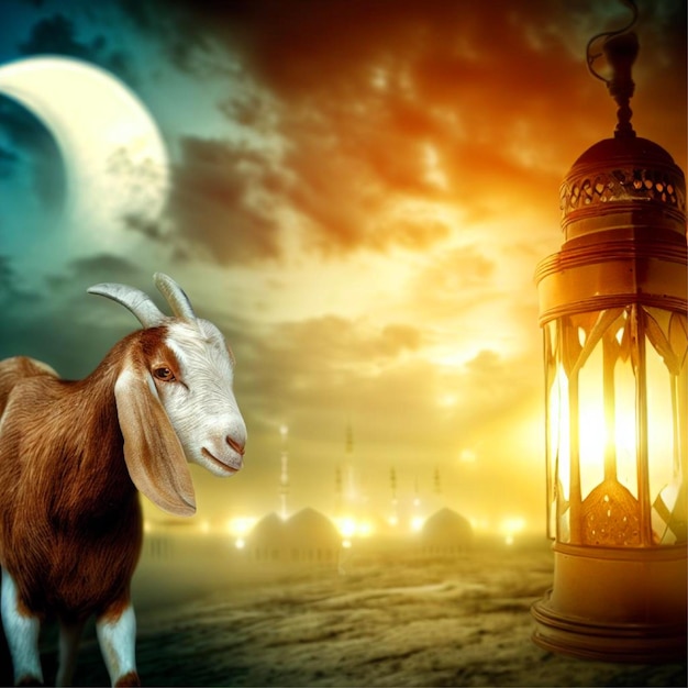 Photo a goat lantern and mosque EID AL ADAAH background concept art generative AI