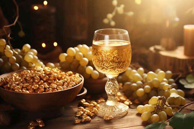 Фото Золотой чаши, переполненной виноградом и пшеницей на Рустическом BG Концепте Поклонения Пасхи