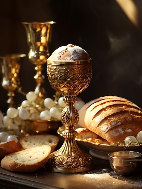 複雑な装飾が施された黄金の杯と神聖なパンの写真 12 月のイースター パーム聖金曜日のアート