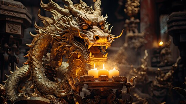 A photo of a golden dragon statue in a temple flickering candlelight