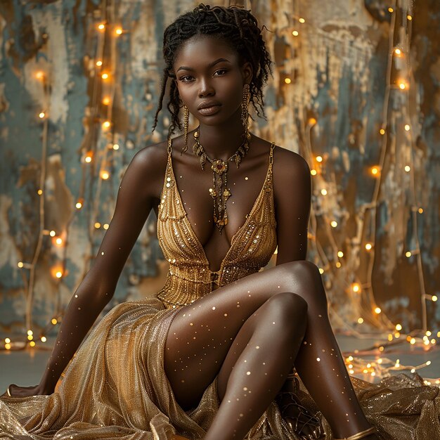 a photo of golden dress lady