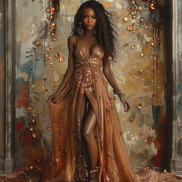 a photo of golden dress lady