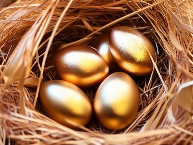 Photo golden eggs with coins in a straw nest