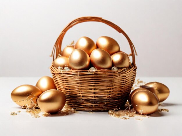 Photo golden eggs with coins in a straw nest