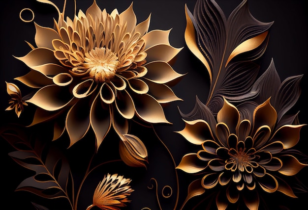 Photo golden flowers on black background elegant floral wallpaper Generate Ai